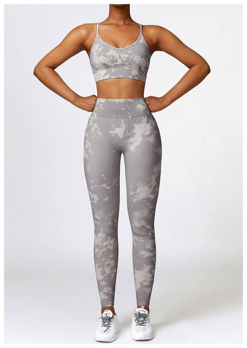 Camouflage Printing Seamless Yoga Suit Quick-drying High Waist Running Workout Clothes-Purplish Gray Bra Trousers-19