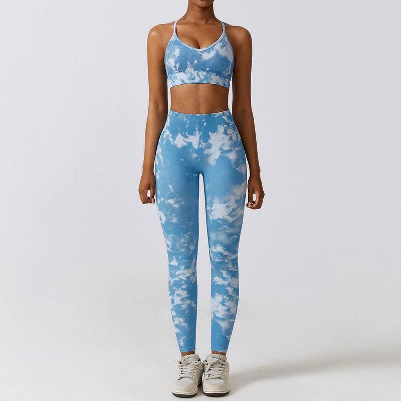 Camouflage Printing Seamless Yoga Suit Quick-drying High Waist Running Workout Clothes-Blue Bra Trousers-3