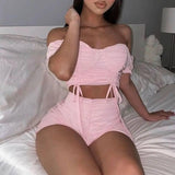 Card-shoulder crop top hot pants two-piece suit-Pink-1