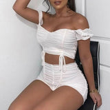 Card-shoulder crop top hot pants two-piece suit-White-5