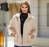 Cardigan Zipper Plush Stitching Women's Coat-Apricot-5