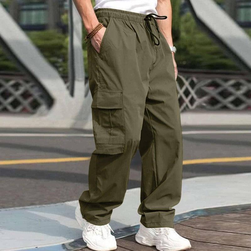 Casual Cargo Pants For Men Loose Straight Drawstring Waist Trousers With Pockets Dark Grey / 3XL-Army Green-3