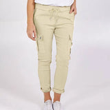 Casual Cargo Pants With Pockets Solid Color Drawstring Waist Pencil Trousers For Women-Apricot-4