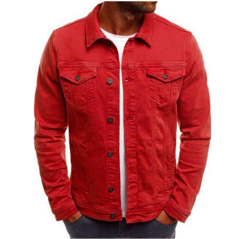 Casual Men Jacket Denim Button Shirt-Rose red-7