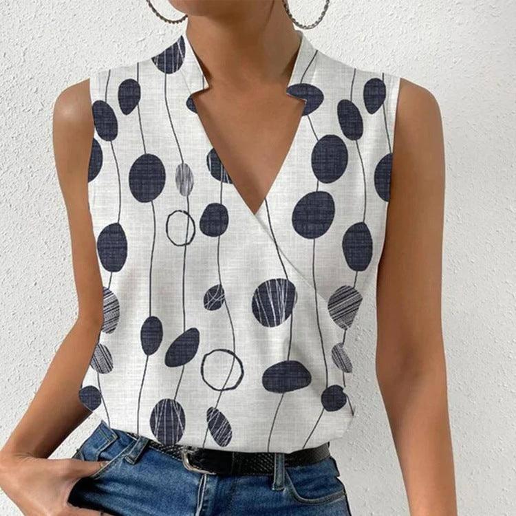 Casual Printed Tops Summer V-neck Sleeveless T-shirt Womens-Figure 1-1