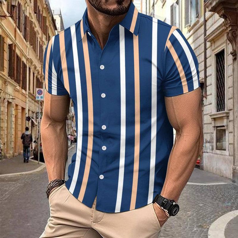 Casual Striped Printed Short Sleeve Shirt Summer Lapel Olive Green / 3XL-Navy Blue-5