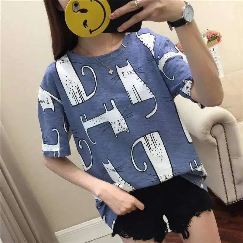 Cat Print Short Sleeve T-Shirt Red Student Base Top-blue-1