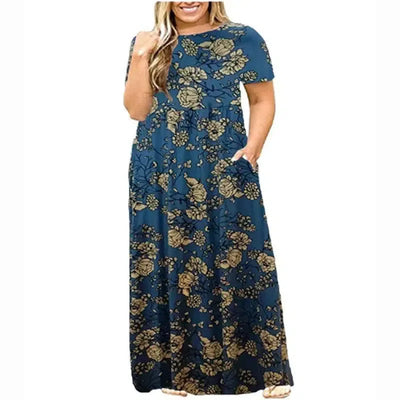 Big size Dress Women Summer Large Size Short Sleeve Print Wear-Resistant Long Dress Plus Size Fat MM Women Clothing Maxi Dress-blue gray-5