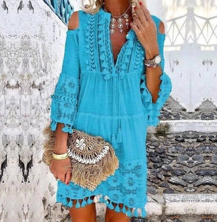 Chic Fringe Long Sleeve Dres-Blue-4