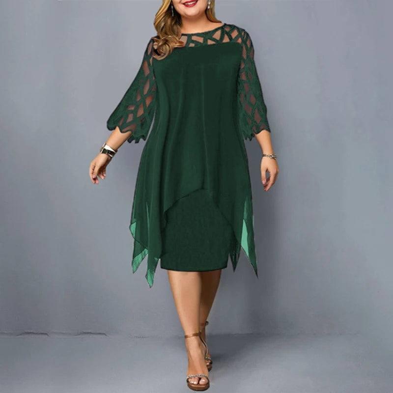 New Elegant Lace Plus Size Dresses Women Hollow Out Oversize Dress Loose Casual Vestidos De Fiesta Midi Robes Femme-dark green-11