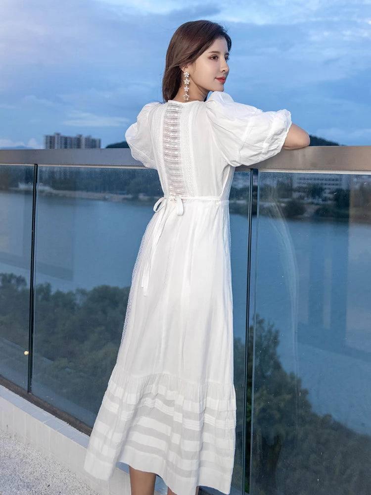 Jastie French White Dress Cotton Embroidered V-neck Elegant Ladies Dress Ruffle Hem Chic Autumn Dress Retro Luxury Brand Dress-6