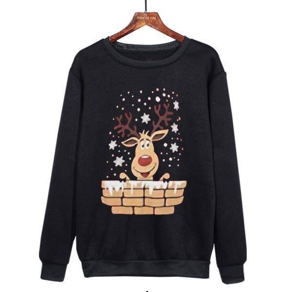 Christmas Antlers Cute Print Crew Neck Sweater-Black1-5