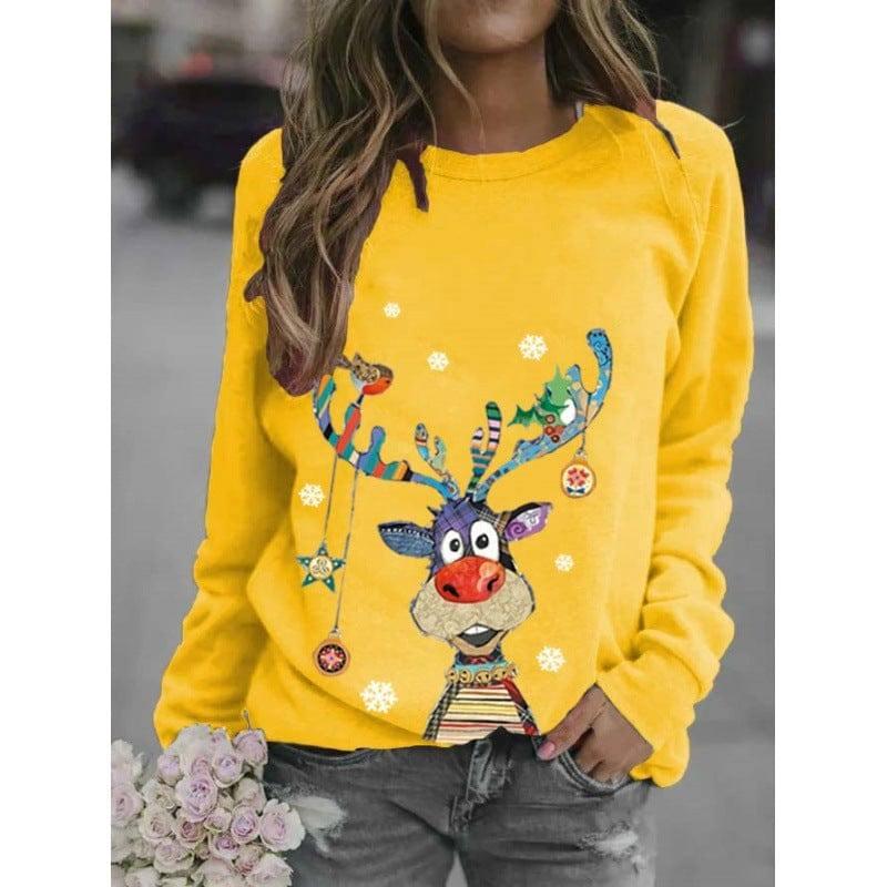 Christmas Pattern Printing Long Sleeve Crew Neck Sweater-Yellow-5