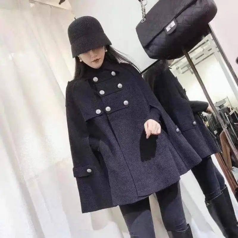 Coat Cloak Women Loose Fashion Double Breasted-Black-3