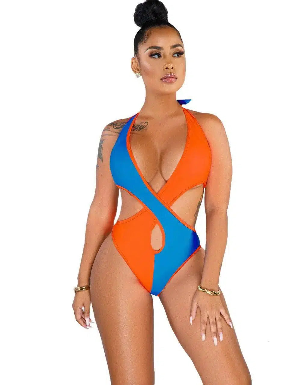 Contrast Stitching Skinny Suspender Swimsuit Bikini-Blueandorange-1