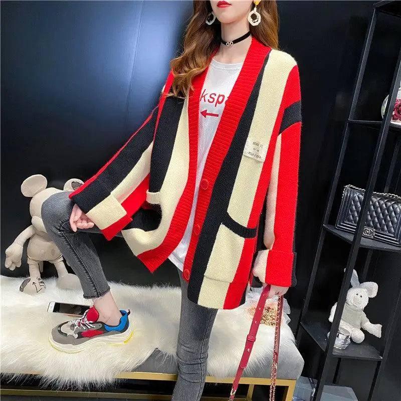 Contrast Stitching Striped Sweater Cardigan Jacket-2