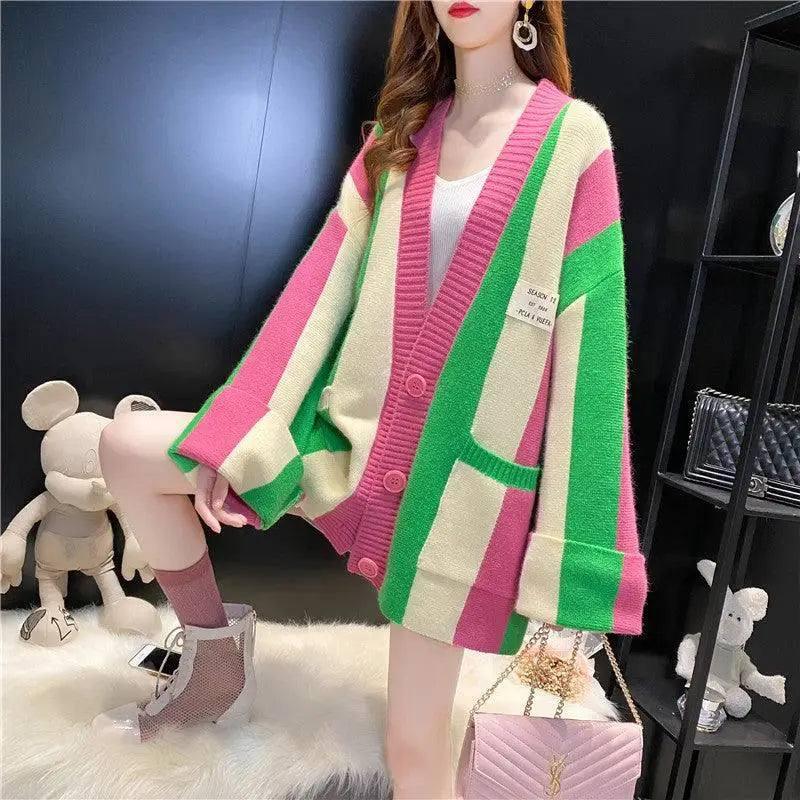 Contrast Stitching Striped Sweater Cardigan Jacket-Green-4