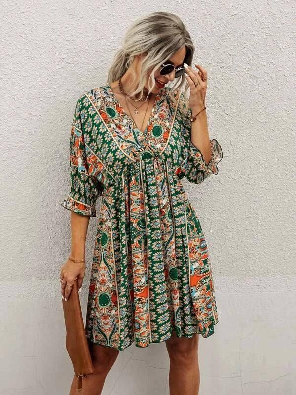 Cross-border V-neck Waist Trimming Printing Dress-3