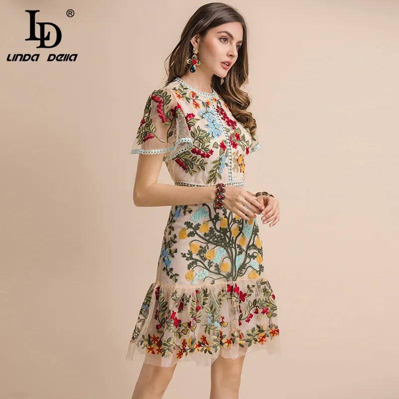 LD LINDA DELLA New 2023 Fashion Runway Summer Dress Women's Flare Sleeve Floral Embroidery Elegant Hollow Out Midi Dresses-2