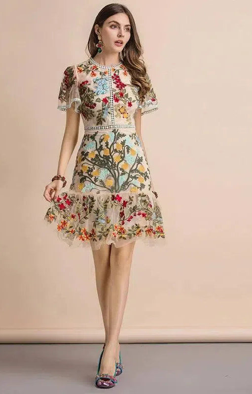 LD LINDA DELLA New 2023 Fashion Runway Summer Dress Women's Flare Sleeve Floral Embroidery Elegant Hollow Out Midi Dresses-3