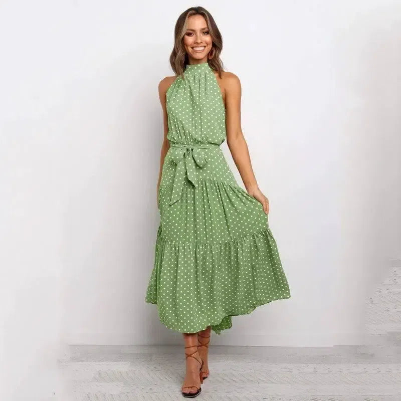 Summer Long Dress Polka Dot Casual-Green 100 Polyester-4