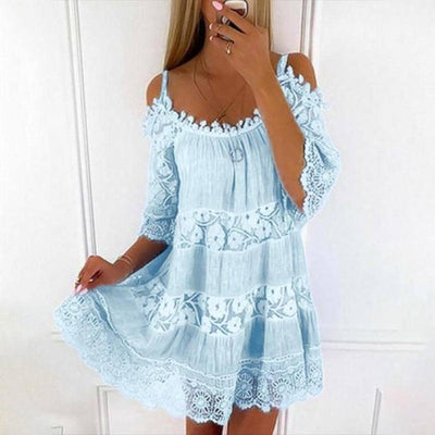 Elegant Off-Shoulder Princess Lace Dress-Light Blue-8