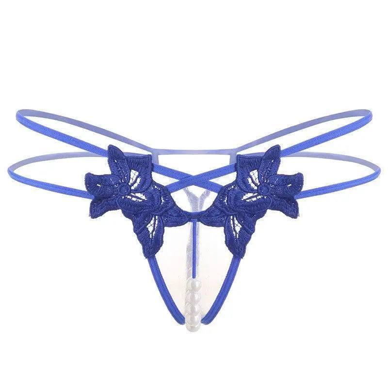 Lingerie Embroidered Women's Thong-Blue-1