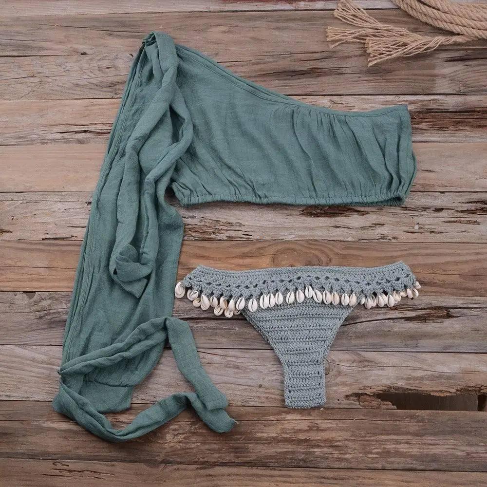 European and American beach bikini split shell suit-Green-6