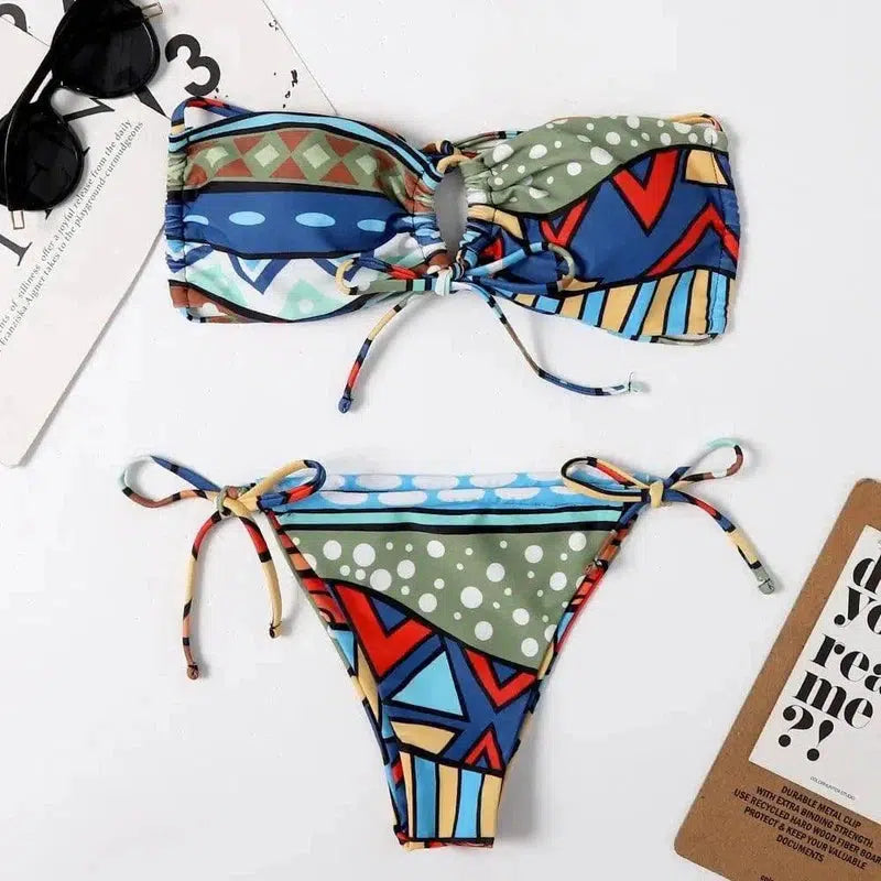 European And American Printed Split Bikini Swimsuit-Blue-2