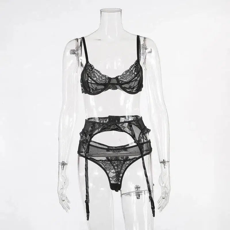 European and American sexy lingerie lace three-piece women-Black-3