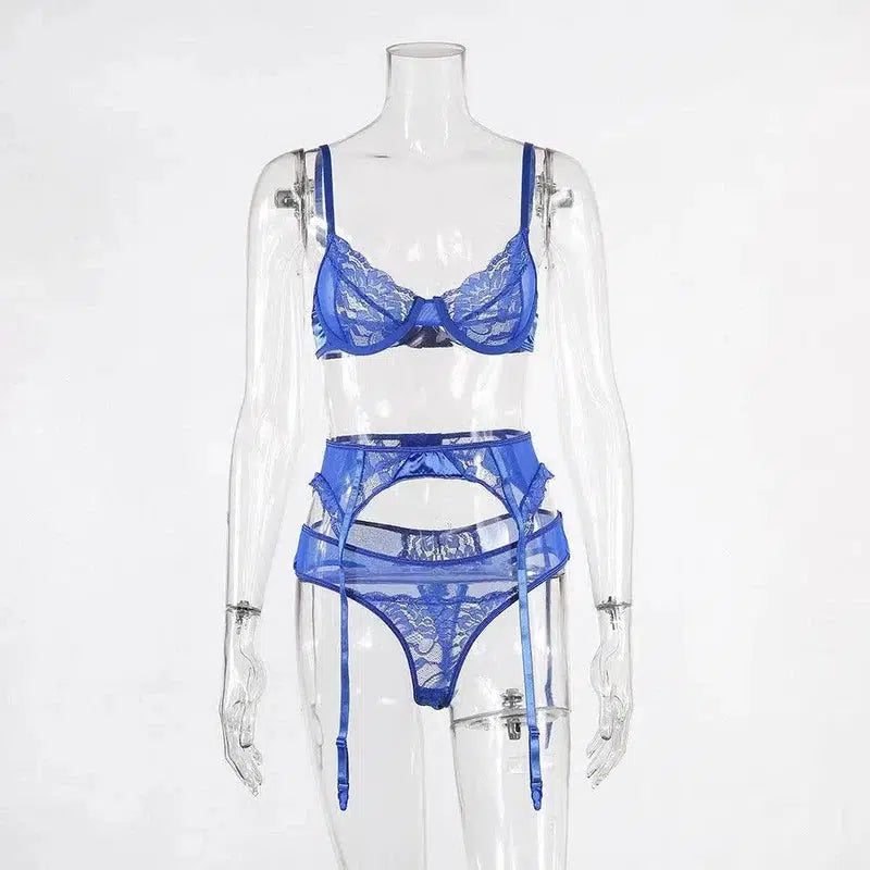 European and American lingerie lace three-piece women-Blue-4