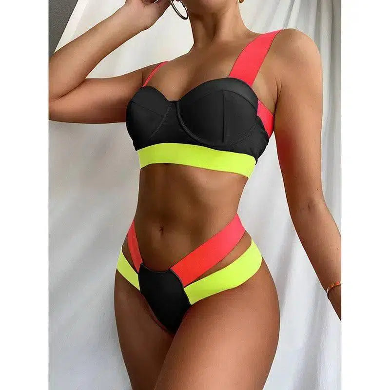 European And American Stitching Multicolor Split Swimsuit-1