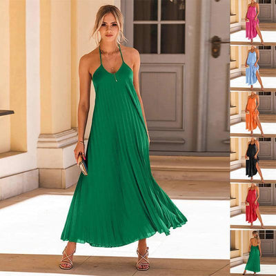 Fashion A-line Pleated Suspender Long Dress Summer Casual-1