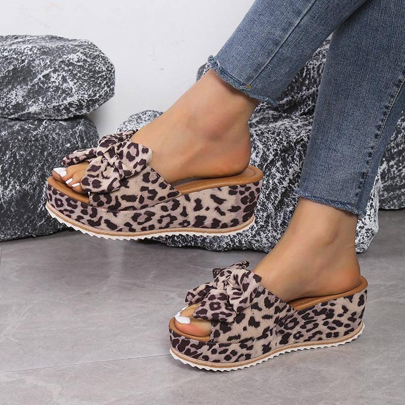 Fashion Bow Leopard Print Wedge Slippers For Women New-3