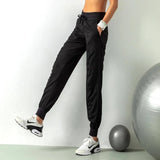 Fashion Casual Sports Pants For Women Loose Legs Drawstring High Waist Trousers With Pockets Running Sports Gym Fitness Yoga Pants-Black-2