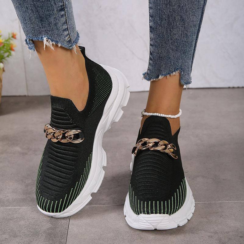 Fashion Chain Design Shoes For Women Breathable Casual Soft Sole Walking Sock Slip On Flat Shoes-6