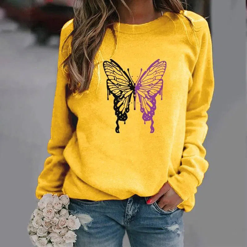 Fashion Colorized Butterfly Round Neck Sweater Printed-Yellow-6