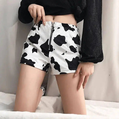 Fashion cow print slim zipper shorts women's casual pants-2