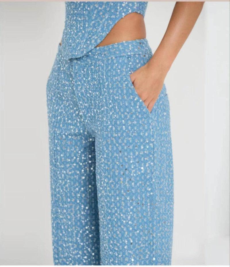 Fashion Denim Sequined Tube Top Wide Leg Pants Suit-5