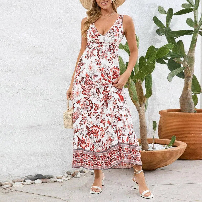 Fashion Floral Print V-neck Dress Summer Slim Fit Sleeveless Long Dress-Red-8