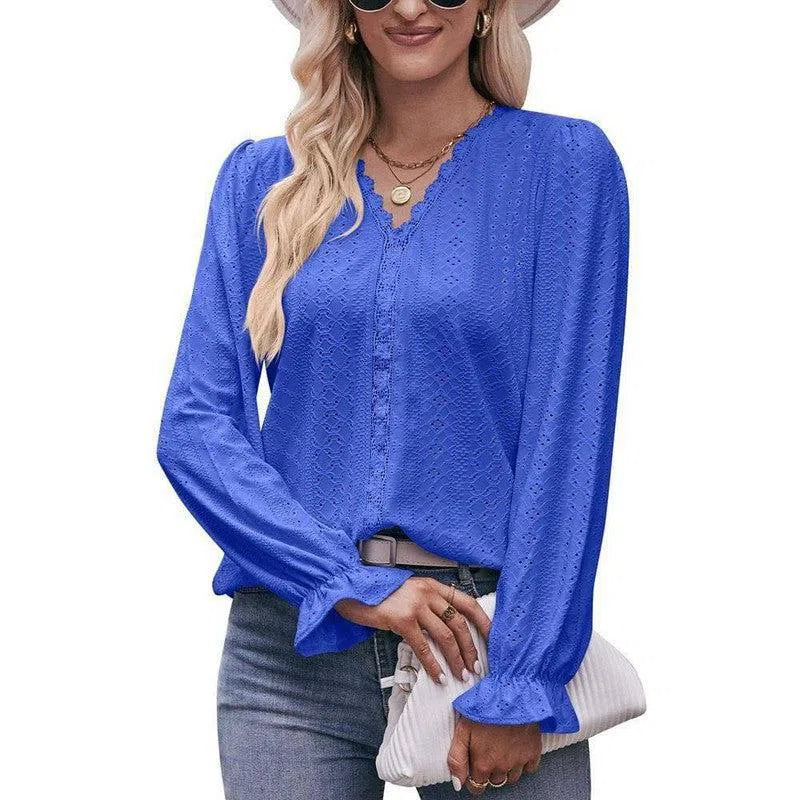 Fashion Lace V-neck Long Sleeve Top-7