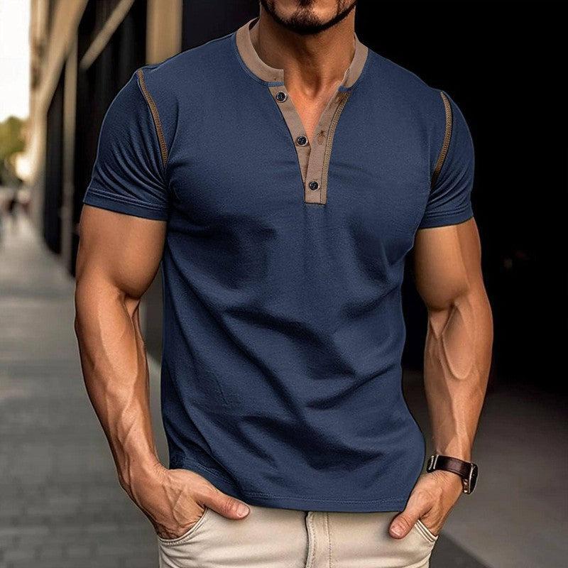 Fashion Short-sleeved Polo Shirt Summer Button V-neck Black / 2XL-Royal Blue-4