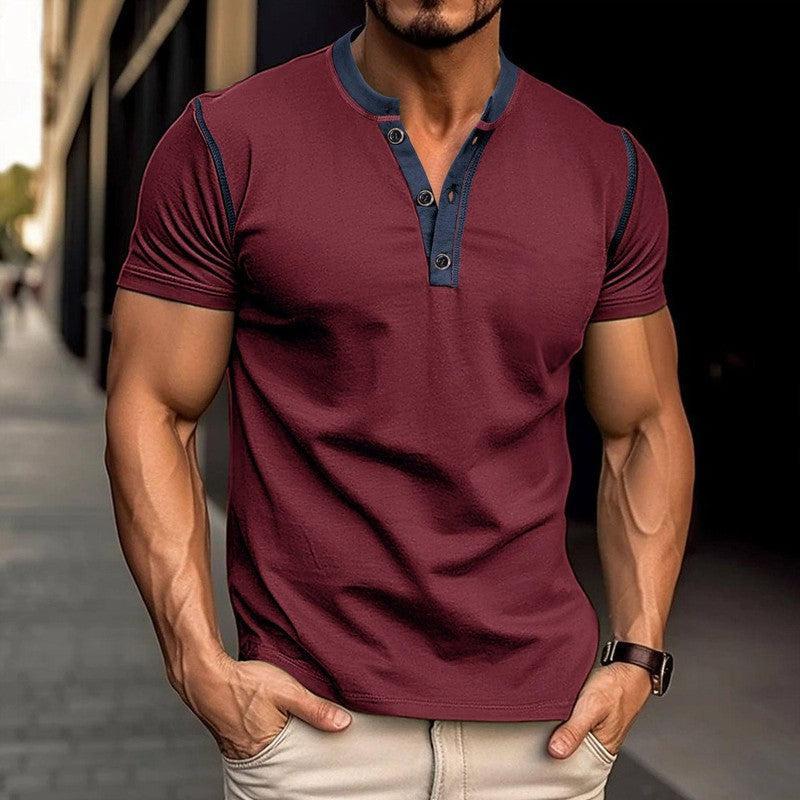 Fashion Short-sleeved Polo Shirt Summer Button V-neck Black / 2XL-Wine Red-6