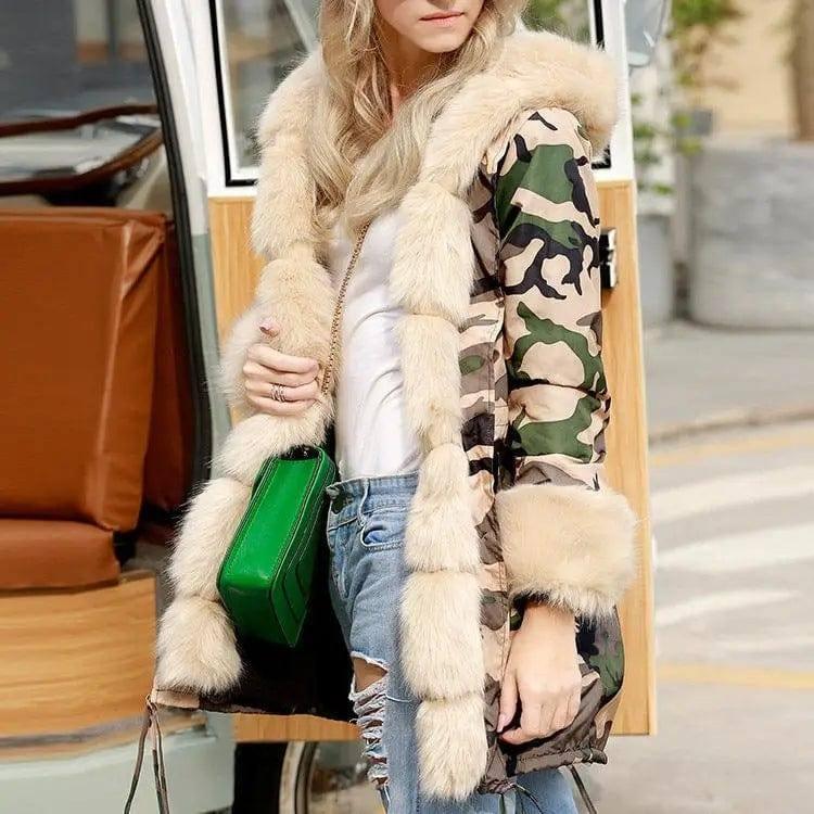 Fashionable European And American Slim Fit Warm Fur Collar-Camouflagegreen-3