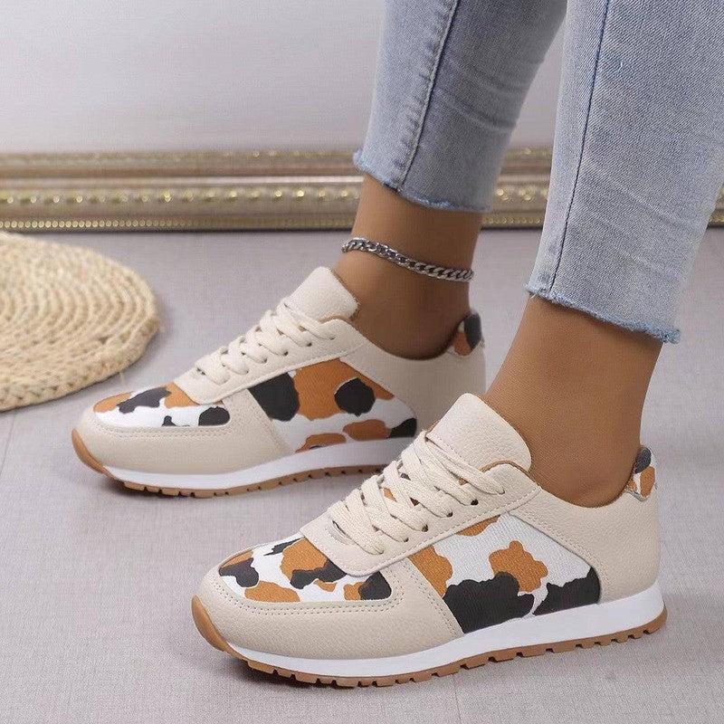 Fashoin Leopard Print Lace-up Sports Shoes For Women Sneakers Casual Running Walking Flat Shoes-Beige-4