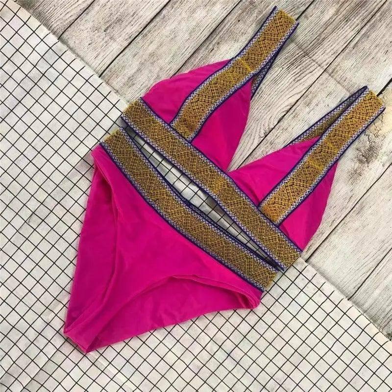 Fast Selling Triangle Color Matching High Waisted-Rosered-4