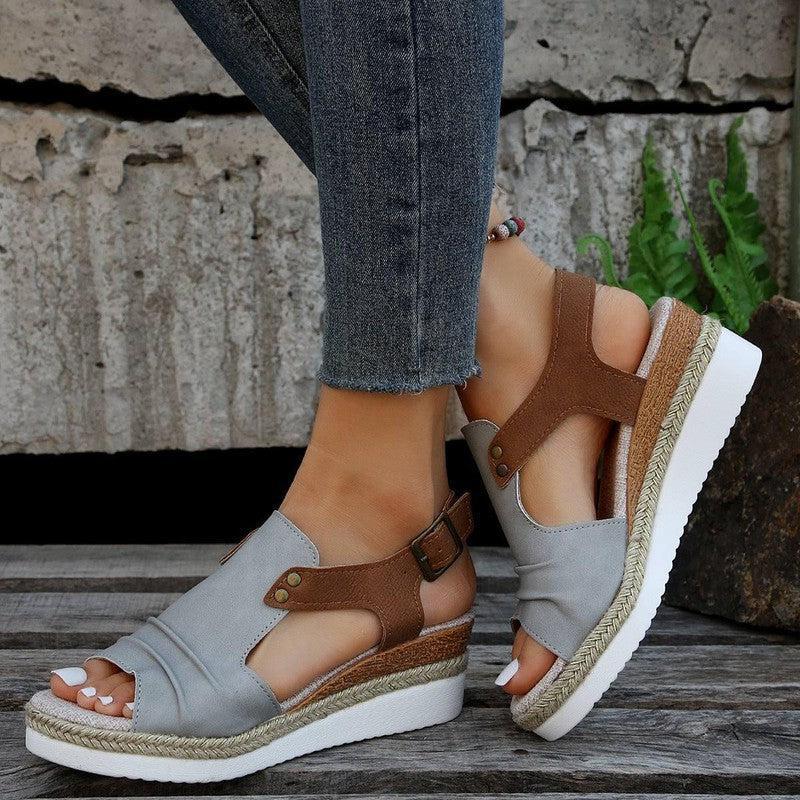 Fish Mouth Wedges Sandals With Straw Design Summer Peep Toe-Gray-8