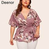 Deenor L-5xl Women's V-neck Short Sleeve Print Waist Tie Loose Chiffon Top Plus Size Ol Commuter Tie-up Pullover Top-6