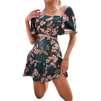 Floral Print Plus-Size Women's Dress-Brown-3