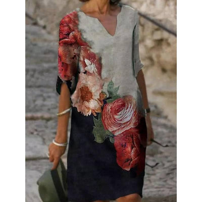 Flower Print Rendering V-neck Half Sleeves Mid-waist-Grey-3